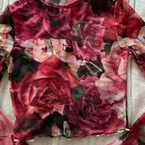 coquette graphic print rose cropped mesh top with lettuce hem - Picture 3 of 3